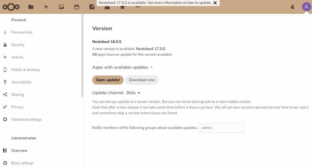 nextcloud 16, update to  version 17