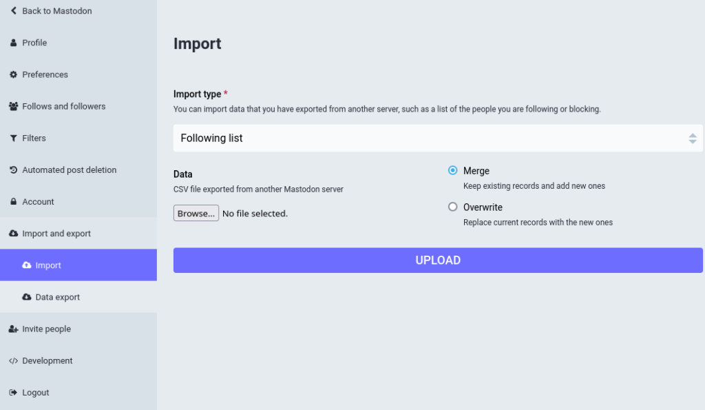 mastodon data import screen capture