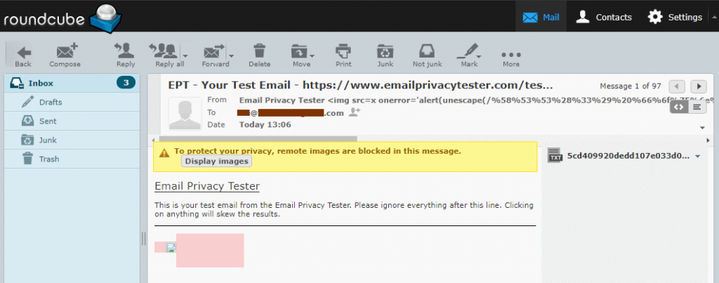 an email message sent by Email Privacy Tester