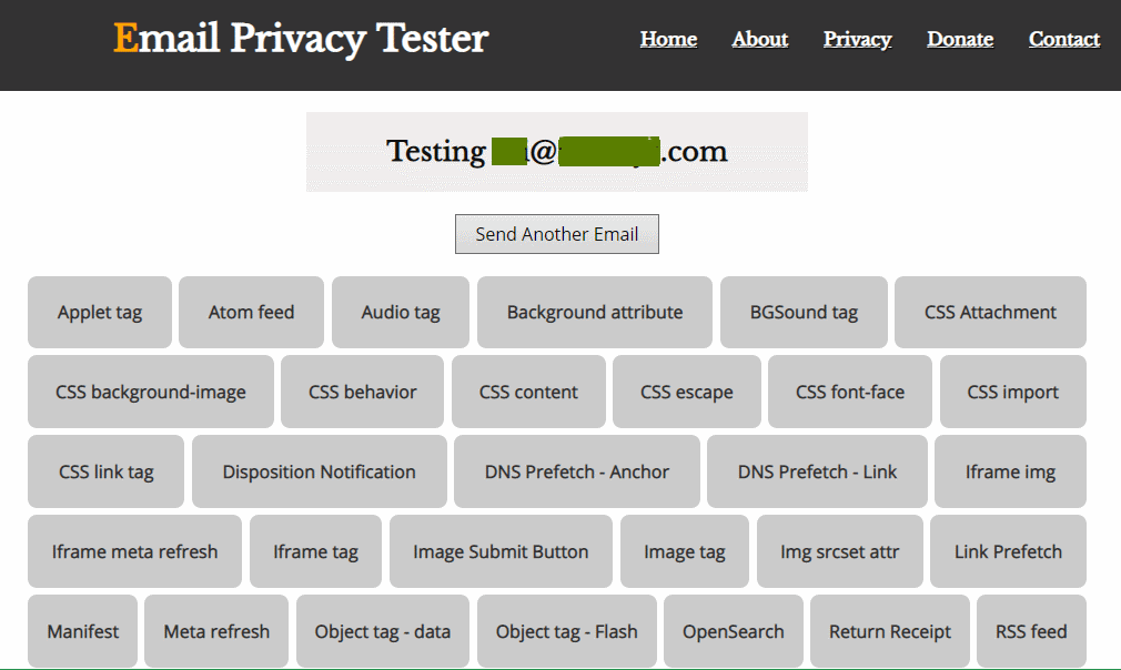 email privacy tester online tool, screen capture