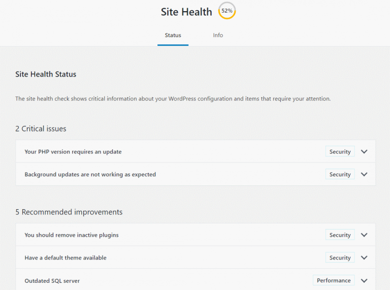 wordpress site health screen capture