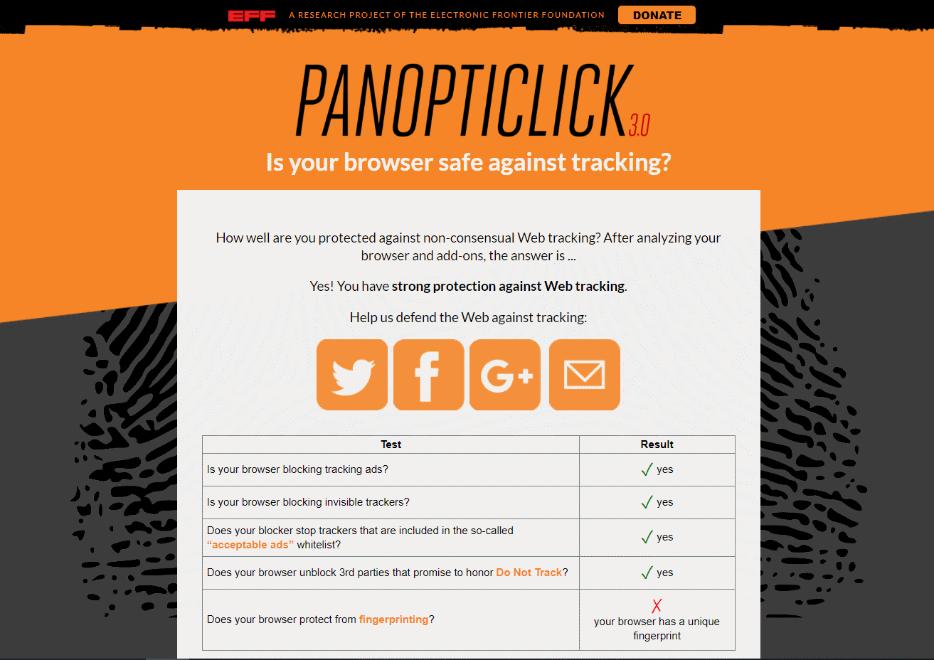 EFF panopticlick test tool for browser