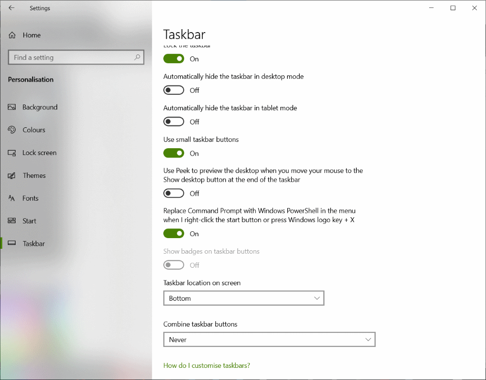 windows 10 taskbar settings window