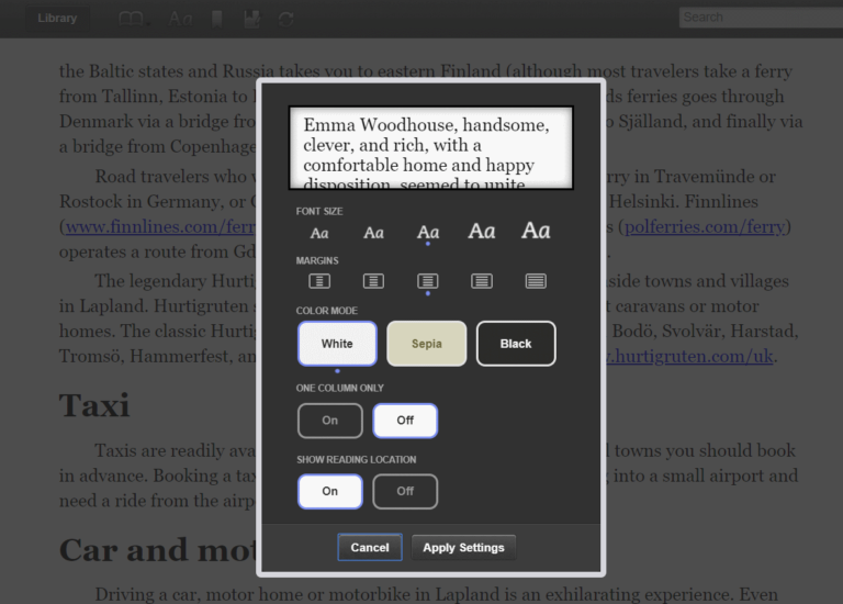 kindle ebook in web browser, options settings