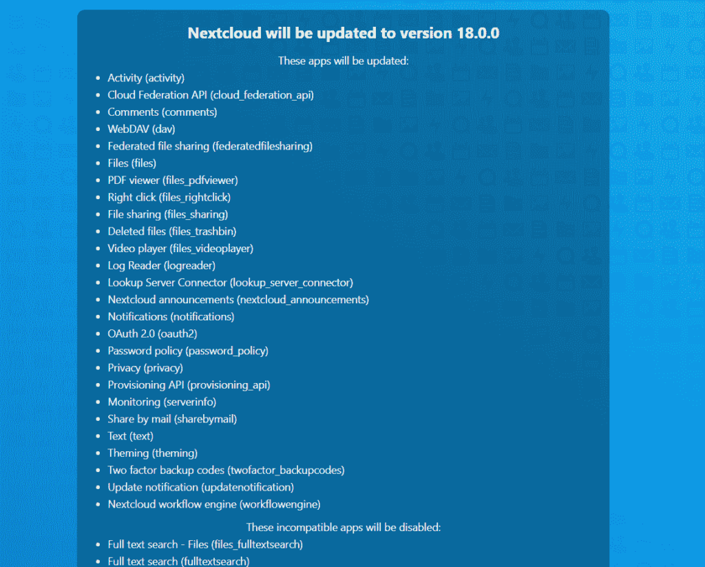 nextcloud update process, app status