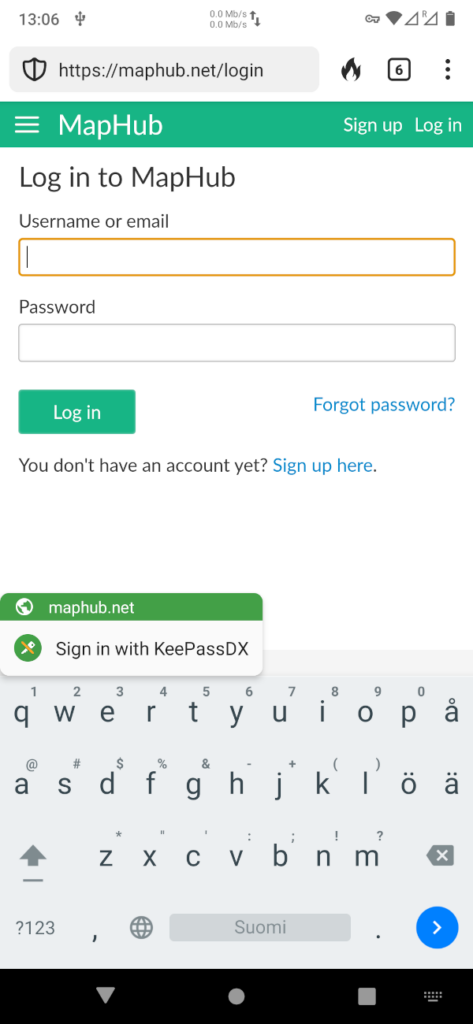 keepassdx password manager on phone: login to cloud service